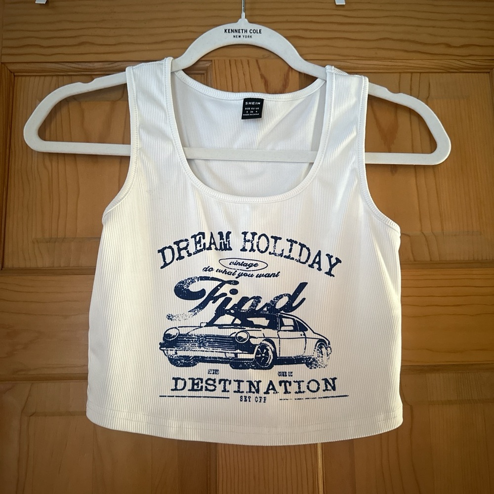 SHEIN White and Blue Holiday Graphic Tank